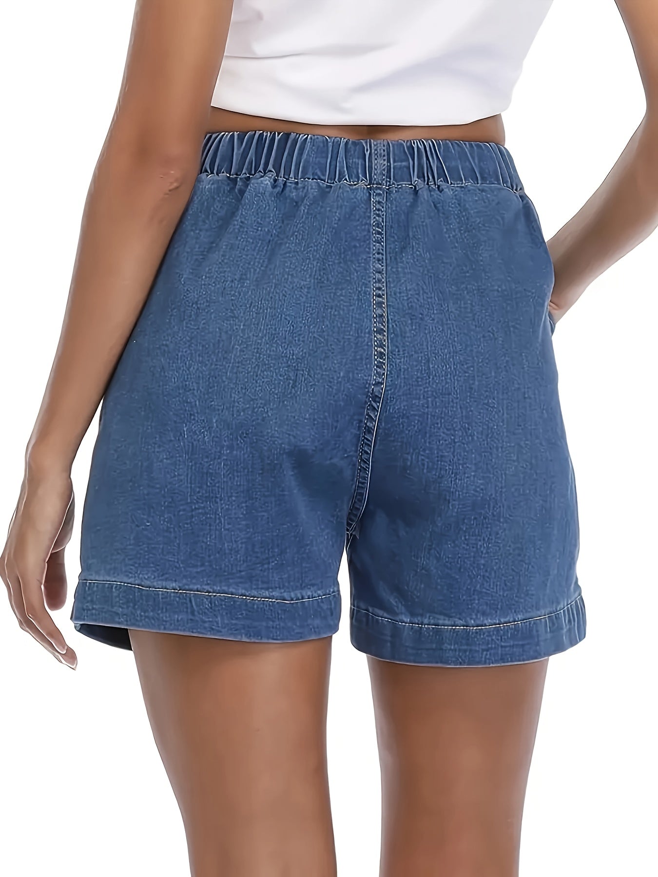 ZllKl Women's Stylish Denim Shorts, Casual Sporty Style, Elastic Waist, Comfort Fit, With Pockets, Versatile Summer Wear