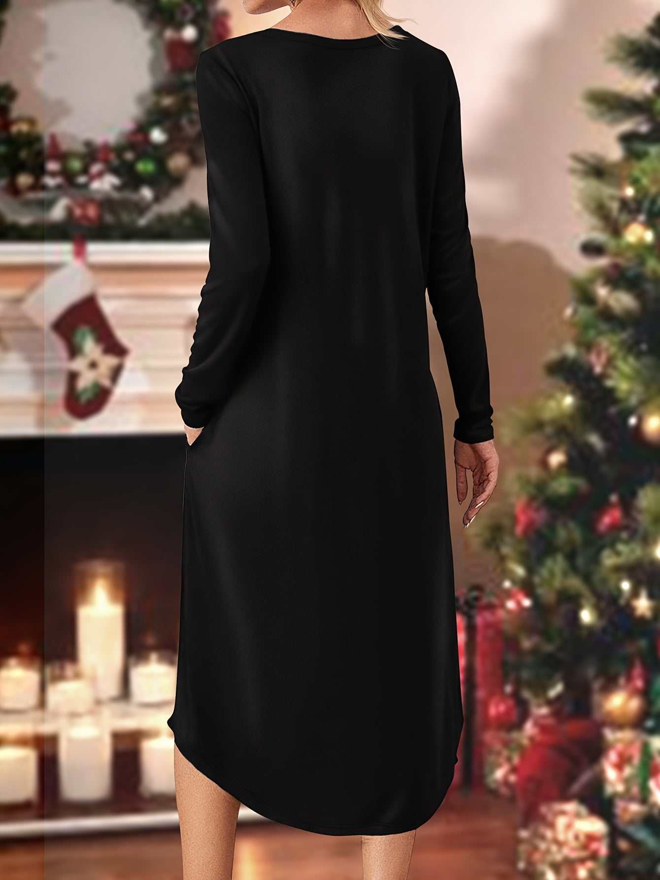 Christmas Santa Claus Print Long Sleeve Knit Dress with Pockets - Casual Round Neck Adult Dress for Fall/Winter Season