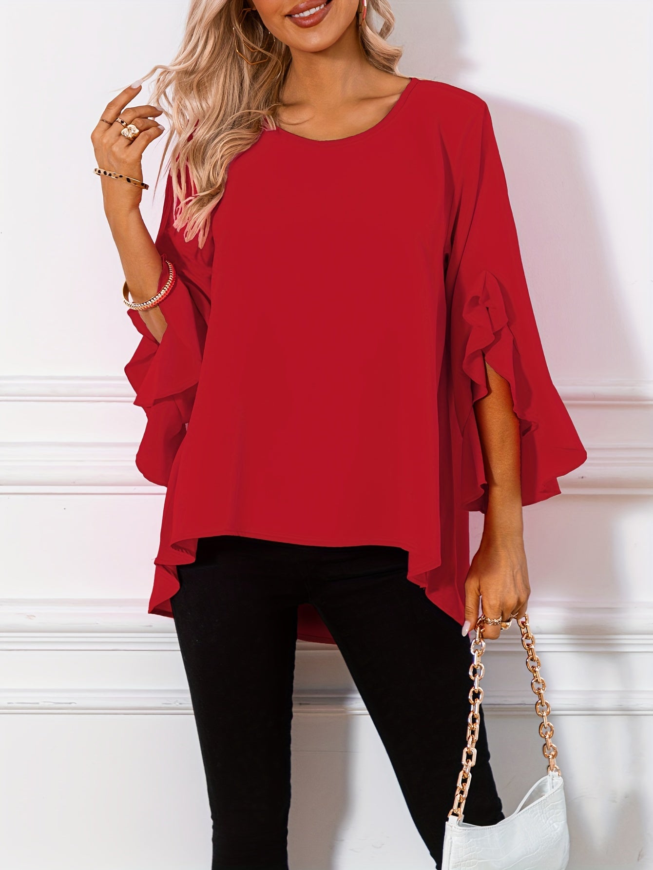 ZllKl Solid Crew Neck Blouse, Casual Ruffle Sleeve Blouse For Spring & Fall, Women's Clothing