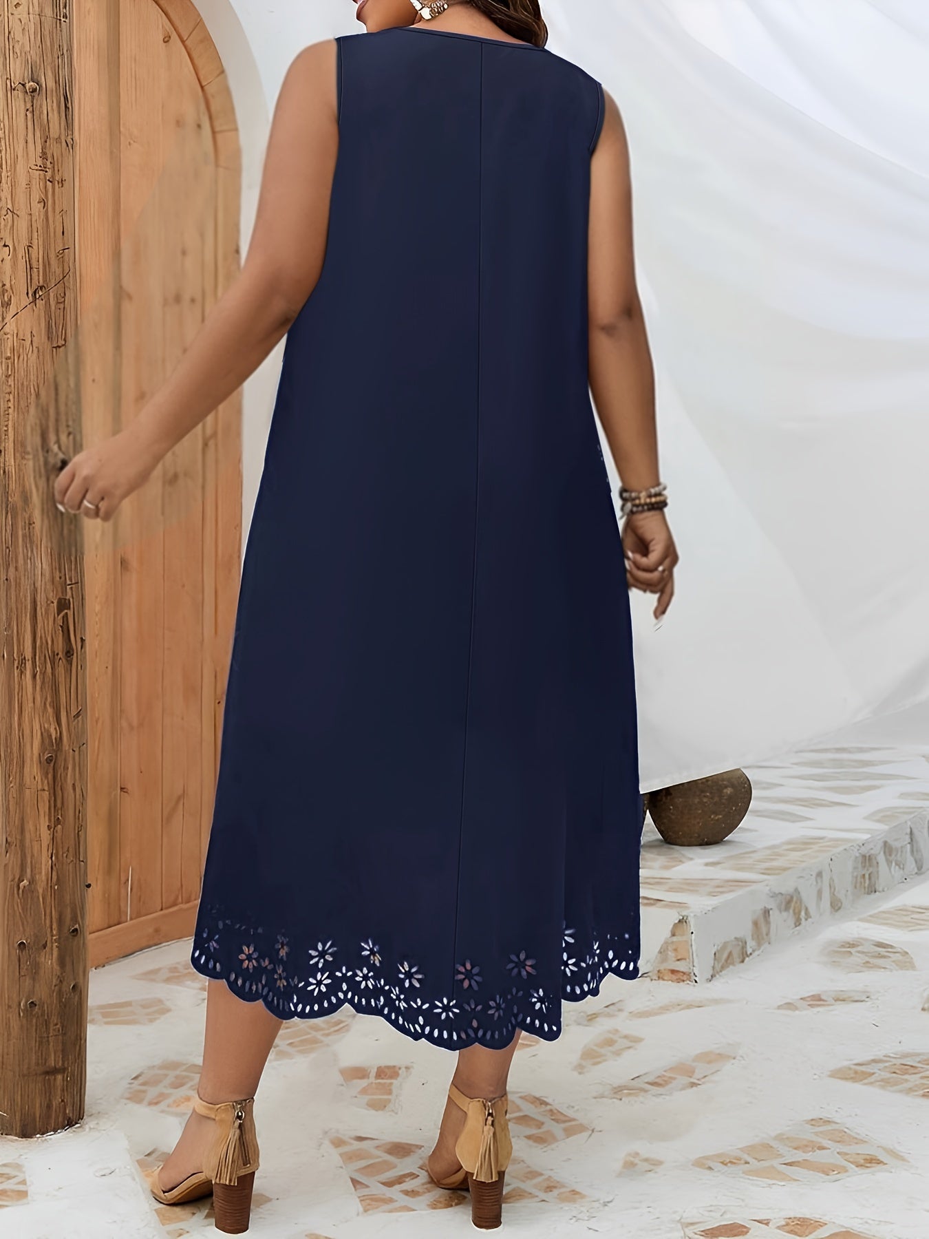 Plus Size Cutout Trim Tank Dress - Flattering Sleeveless Design, Breathable Fabric, and Comfortable Fit for Spring and Summer - Women's Casual Clothing for Warmer Weather