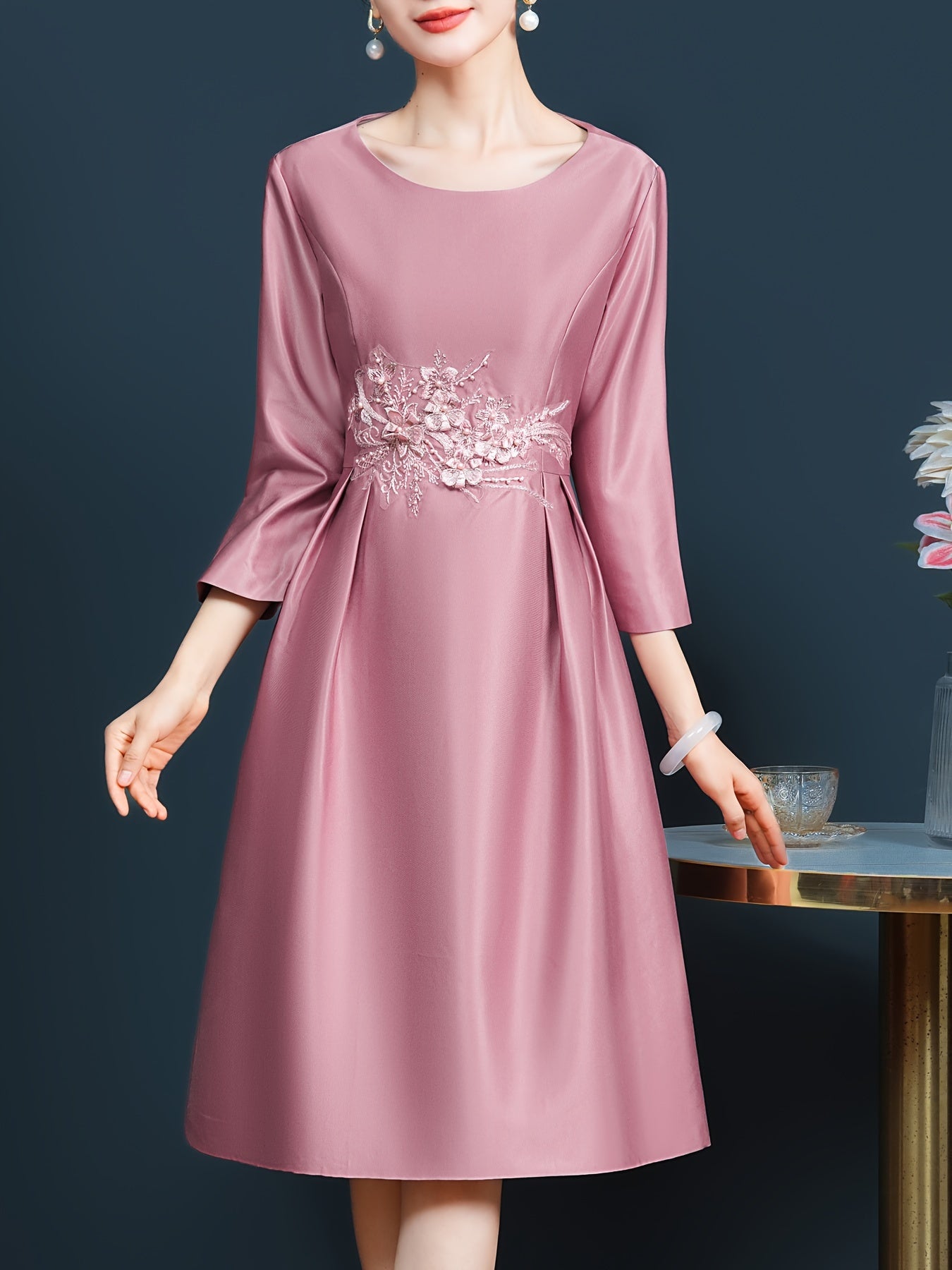 Pink embroidered 3/4 sleeve dress mid-length hem slimming, Mother of the bride wedding guest dress elegant