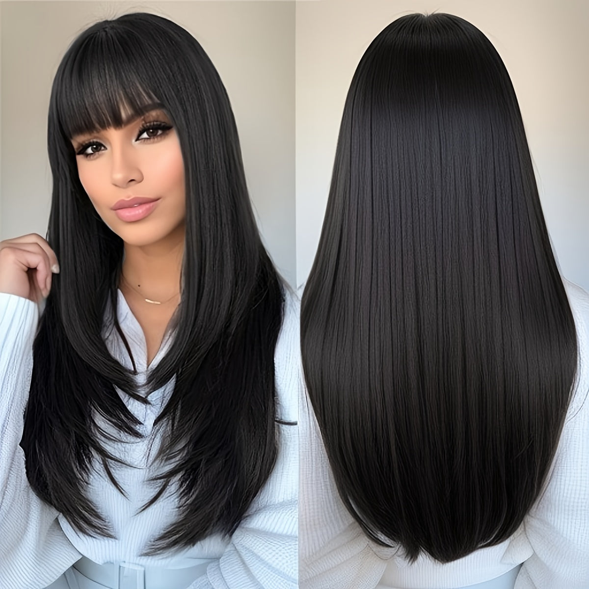 28 Inch Long Black Wig with Flattering Bangs - Silky Straight Synthetic Hair for Everyday Glam - Realistic, Easy-to-Style Wigs Designed for Women