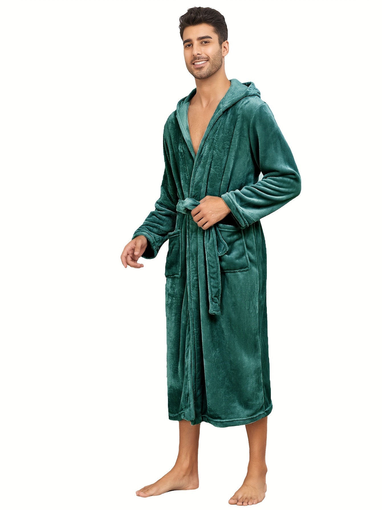 Cozy Plush Fleece Men's Hooded Bathrobe - Soft, Thick, and Fluffy Sleepwear Robes with Pockets for Relaxation - Ideal for Cold Winter Nights, Lounging Around, and Post-Shower Warmth