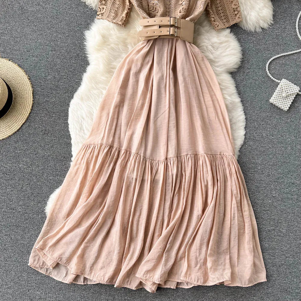 New Summer Elegant Women Stand Collar Long Dress Vintage Female Lace Patchwork Dress Empire Slim Fairy with Belt