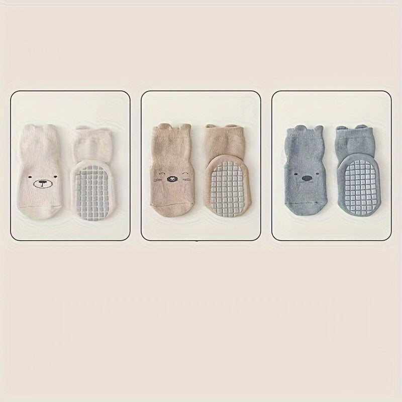 3 Pairs Of Baby Boy's Cute Animals Pattern Crew Socks With Good Grip, Comfy Breathable Thermal Socks, Winter & Autumn