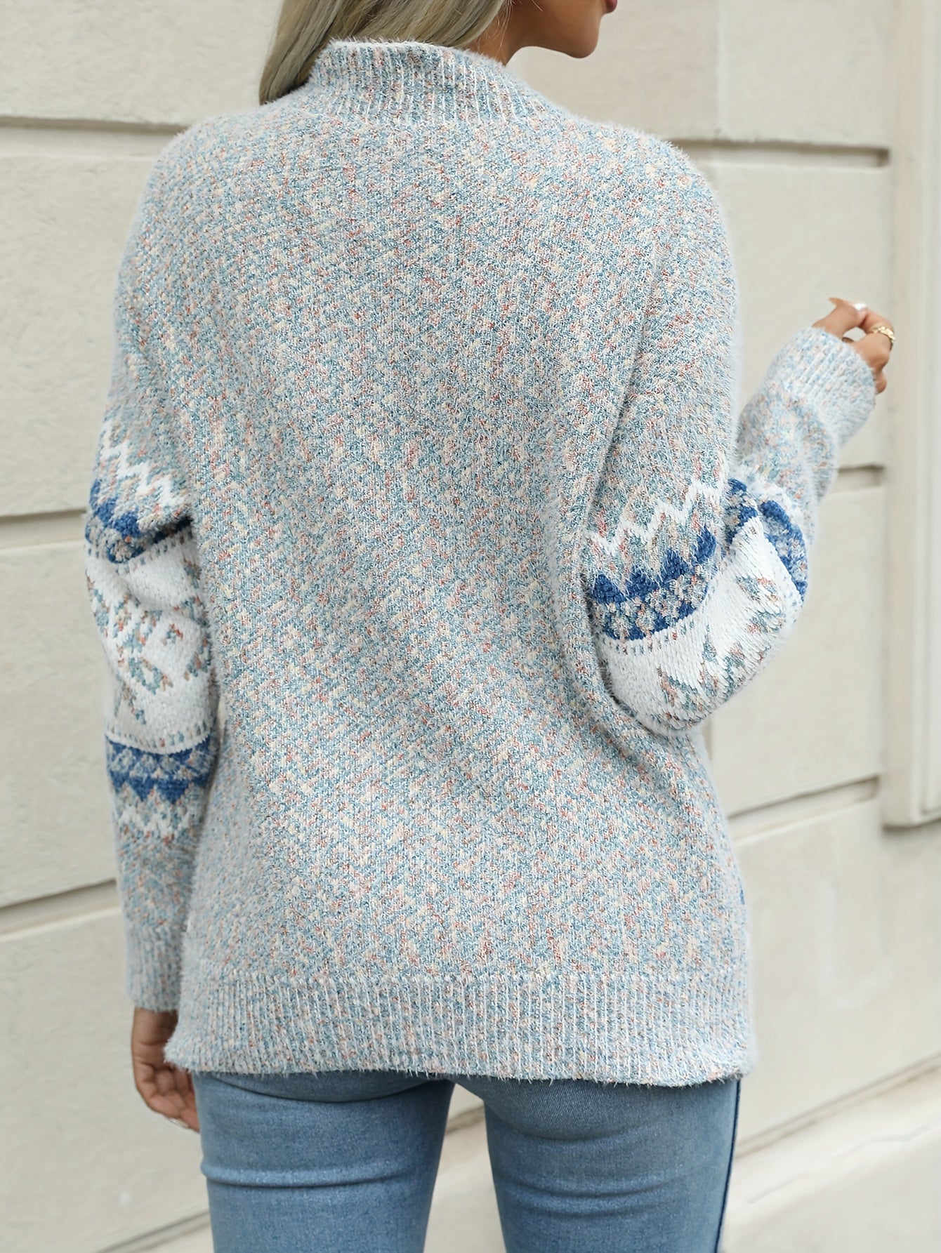 Cozy Snowflake Print Mock Neck Sweater - Women's Casual Knit Top for Fall Winter - Soft, Warm, and Stylish Clothing for Ladies