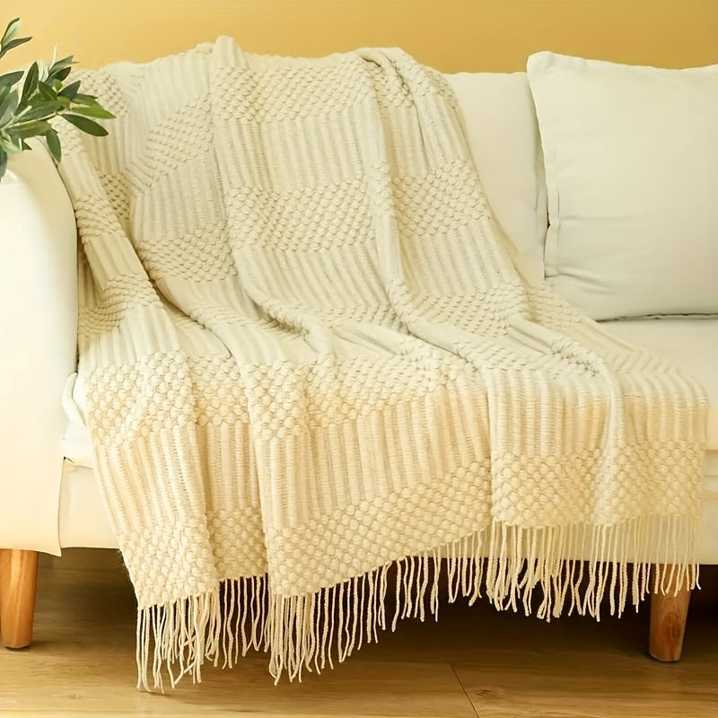 1pc Soft & Cozy Textured Knitted Throw Blanket - Perfect for Sofa and Couch Decor - Green and Tan Color Combination - Decorative Accent for Living Room - Soft Brushed Fabric - Easy Care