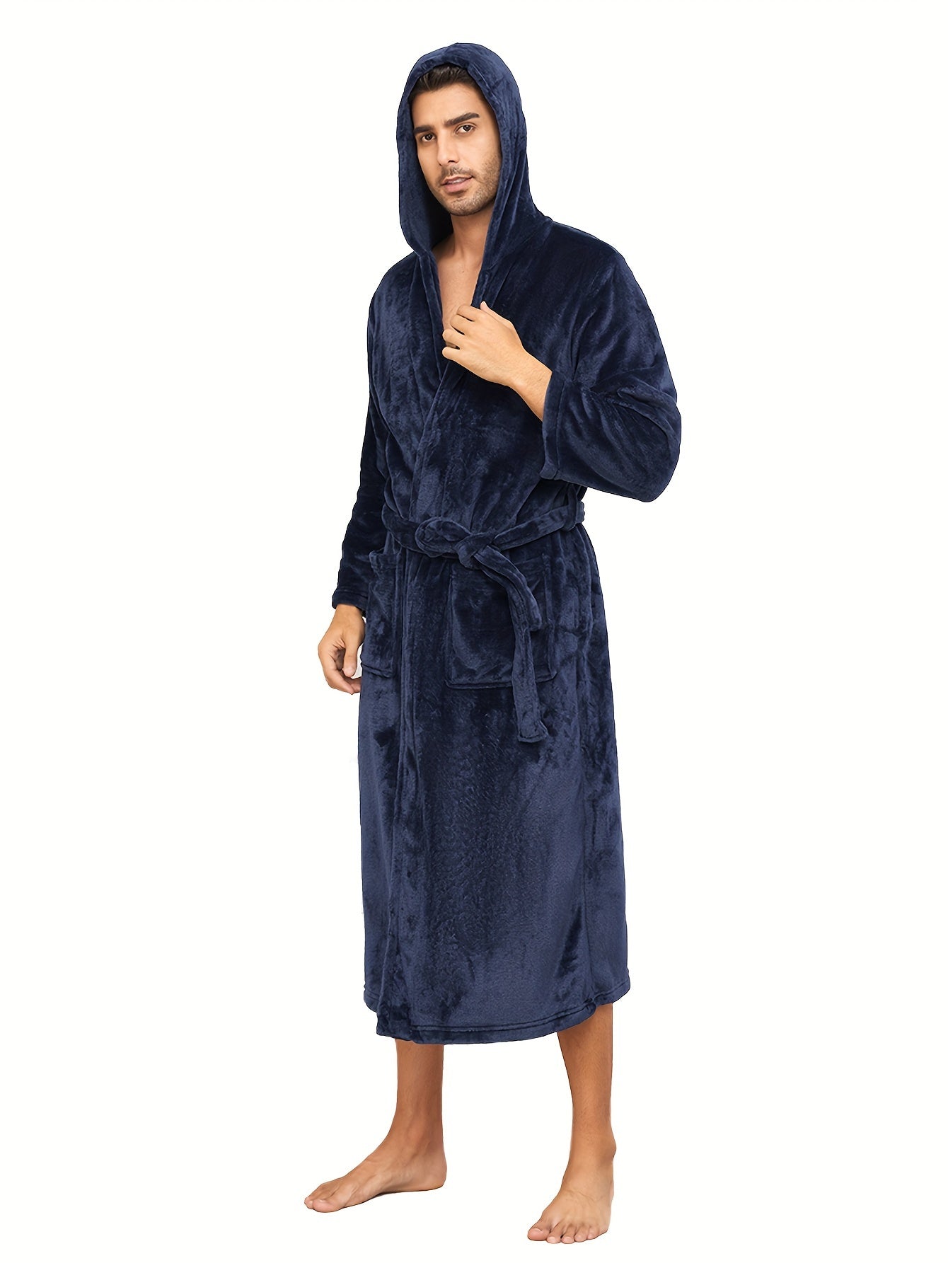 Cozy Plush Fleece Men's Hooded Bathrobe - Soft, Thick, and Fluffy Sleepwear Robes with Pockets for Relaxation - Ideal for Cold Winter Nights, Lounging Around, and Post-Shower Warmth