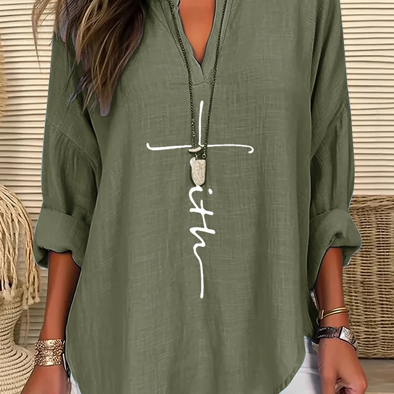 ZllKl Letter Print Notch Neck Blouse, Casual Long Sleeve Blouse For Spring & Fall, Women's Clothing