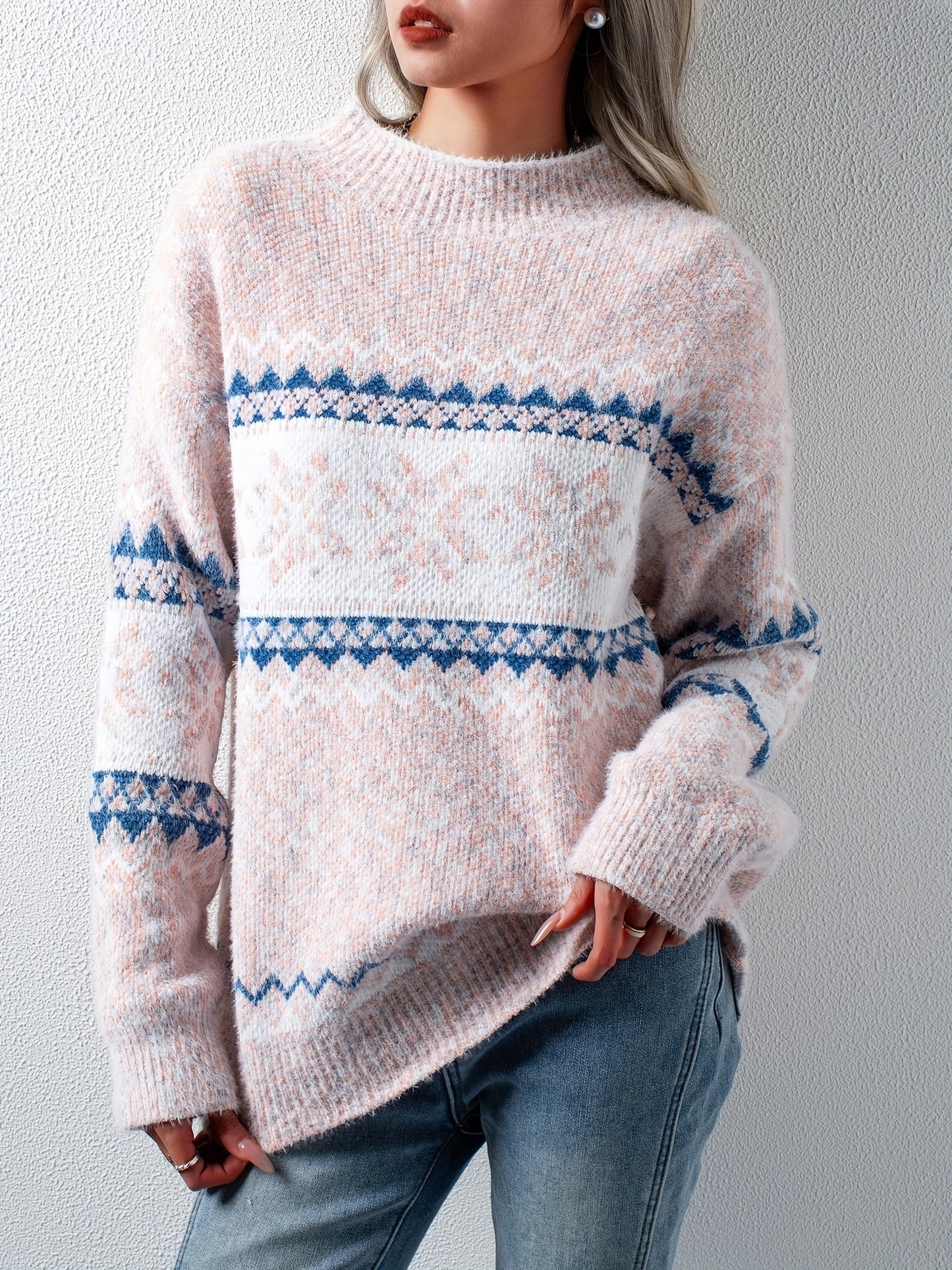 Cozy Snowflake Pattern Mock Neck Long Sleeve Pullover Sweater - Women's Winter Clothing - Soft, Cute, and Comfortable Sweater for Casual Daily Wear