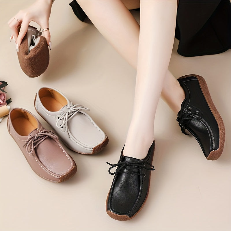 Womens Solid Color Microfiber Synthetic Leather Oxfords - Wear-Resistant, Lightweight, Breathable, Low-Top Lace-Up Flats with Plain Toe - Perfect for Casual, All-Season Wear