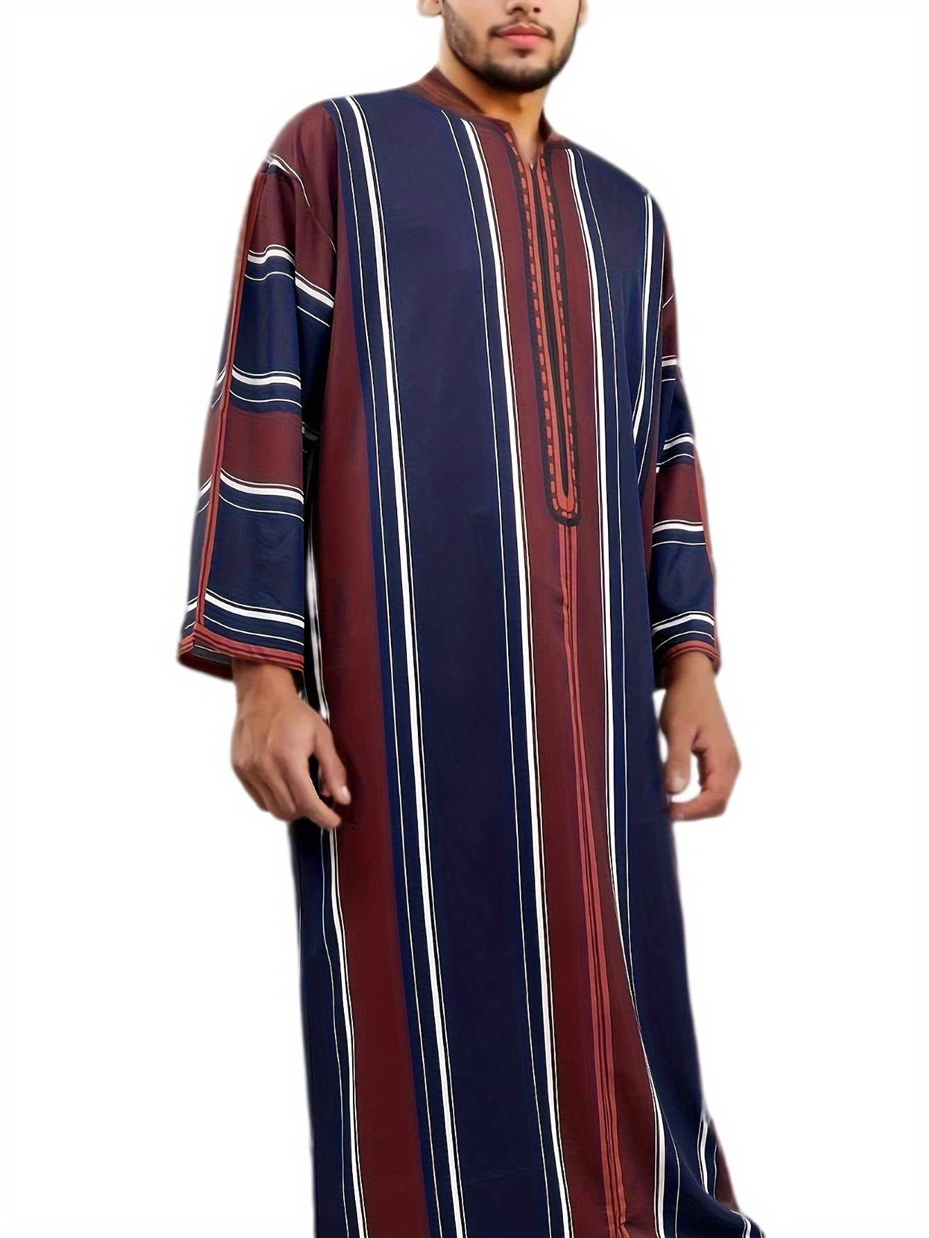 Authentic Moroccan-Style Crew Neck Djellaba Robe - Vintage Stripe Pattern, Long Sleeve, Cultural Arabic-Inspired Design for Men - Perfect for Traditional Events and Casual Lounging