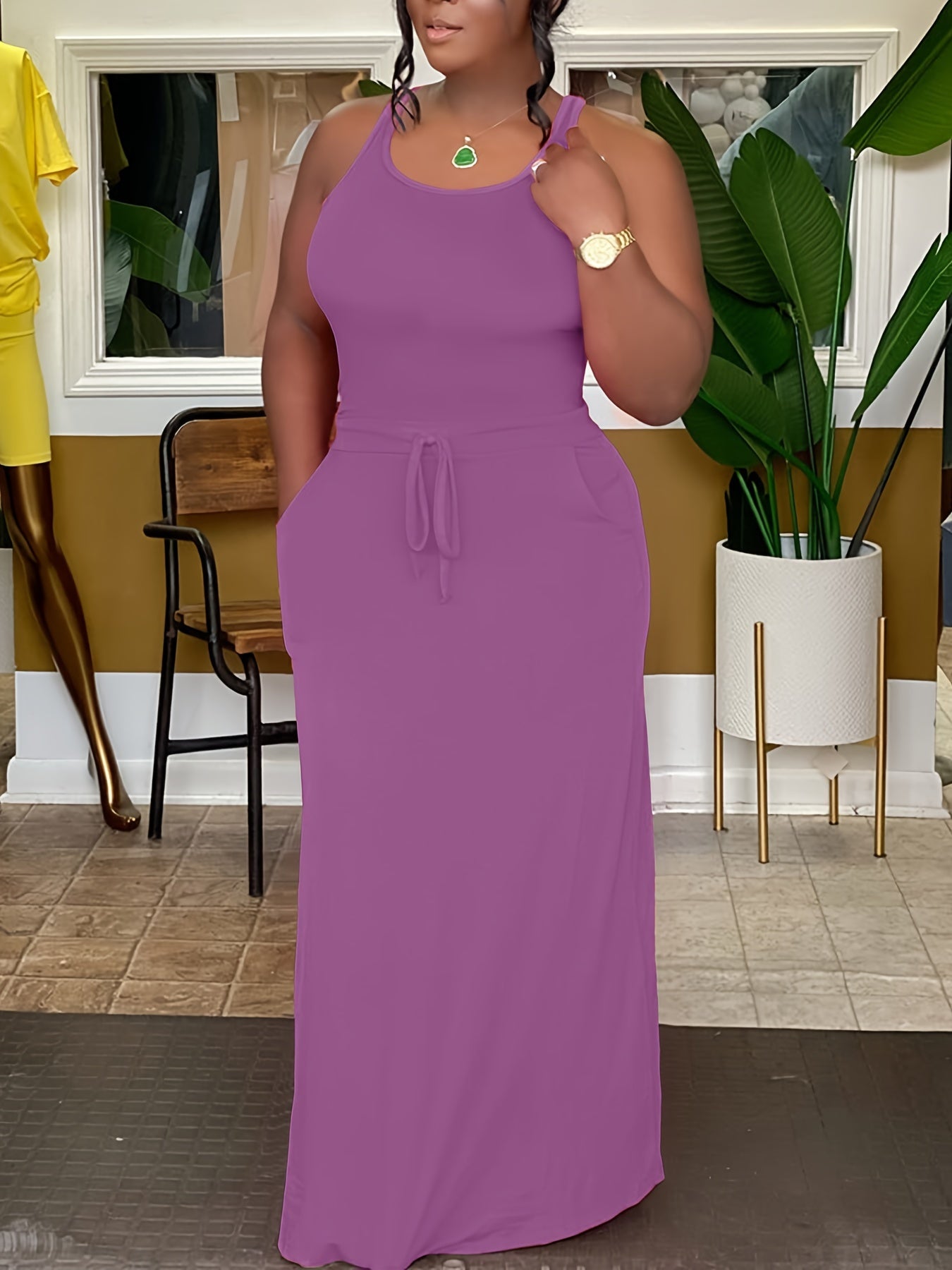 Plus Size Chic Solid Slim Belted Tank Maxi Dress - Comfortable Sleeveless Design for Spring & Summer - Women's Casual Wear for Curvy Figures