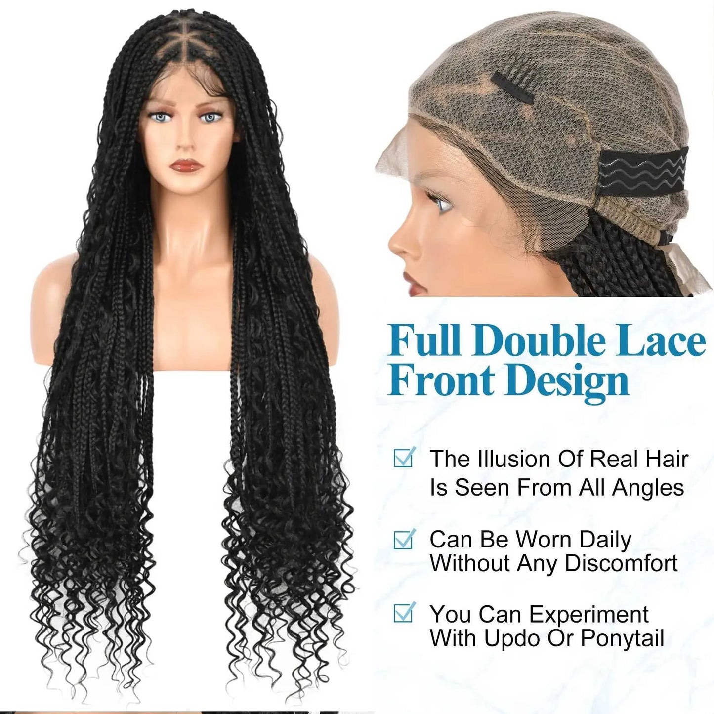 Synthetic Wigs Viyskur 36 Full Double Lace Front Triangle Knotless Box Braided Wigs With Boho Curls Ends Box Braids Wig With Baby Hair 240329
