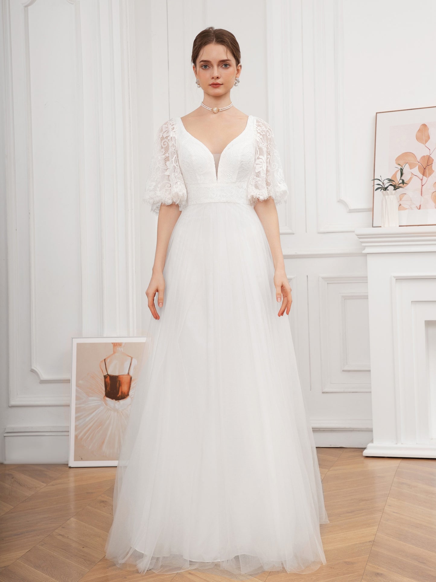 Long Lace Flutter Sleeve A-Line Wedding Dress - Elegant Deep V Neck, Contrast Lace, Half Sleeve, Floor Length, Woven, No Elasticity - Perfect for Adult Women