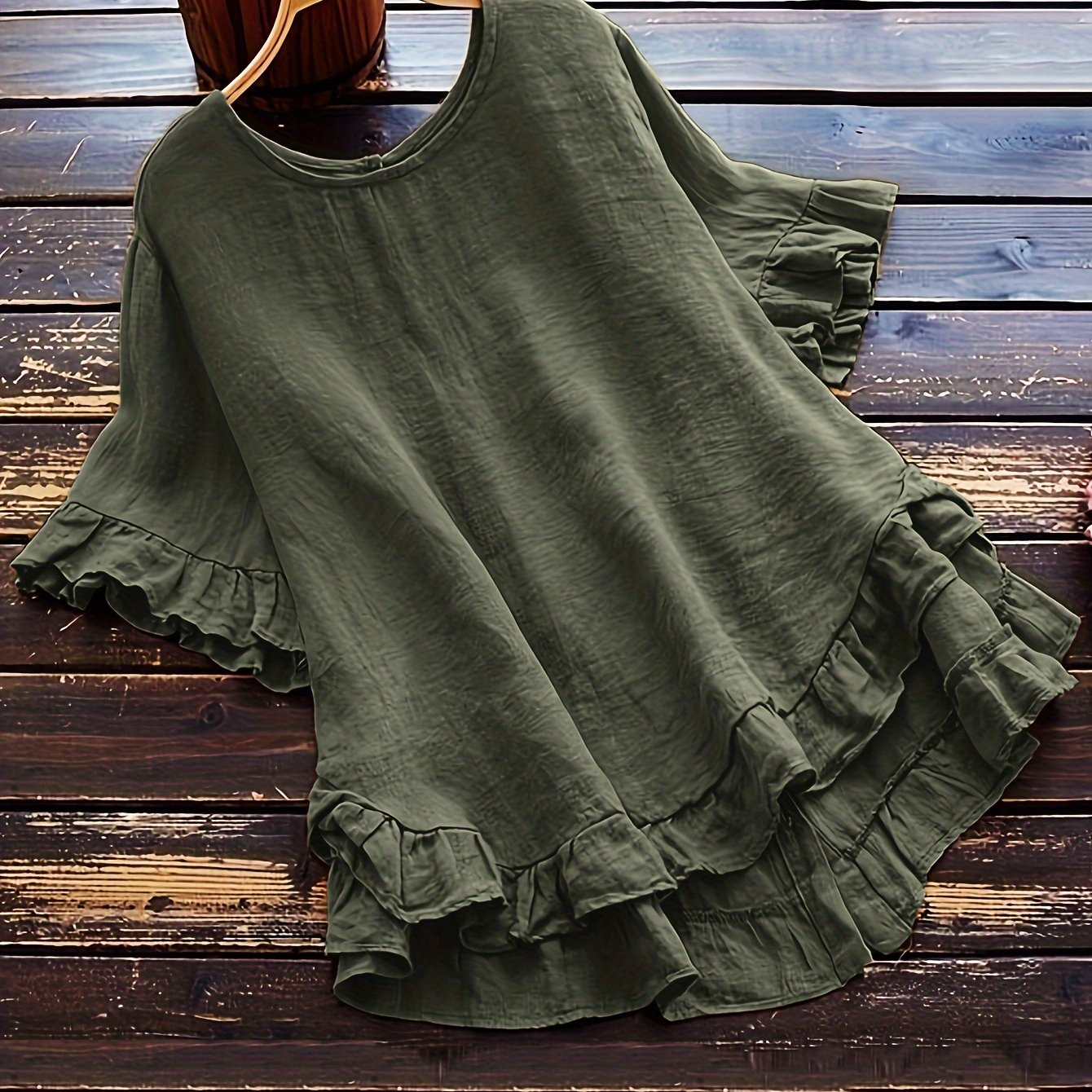 ZllKl Solid Button Back Ruffled Trim Blouse, Casual Short Sleeve Blouse For Spring & Summer, Women's Clothing