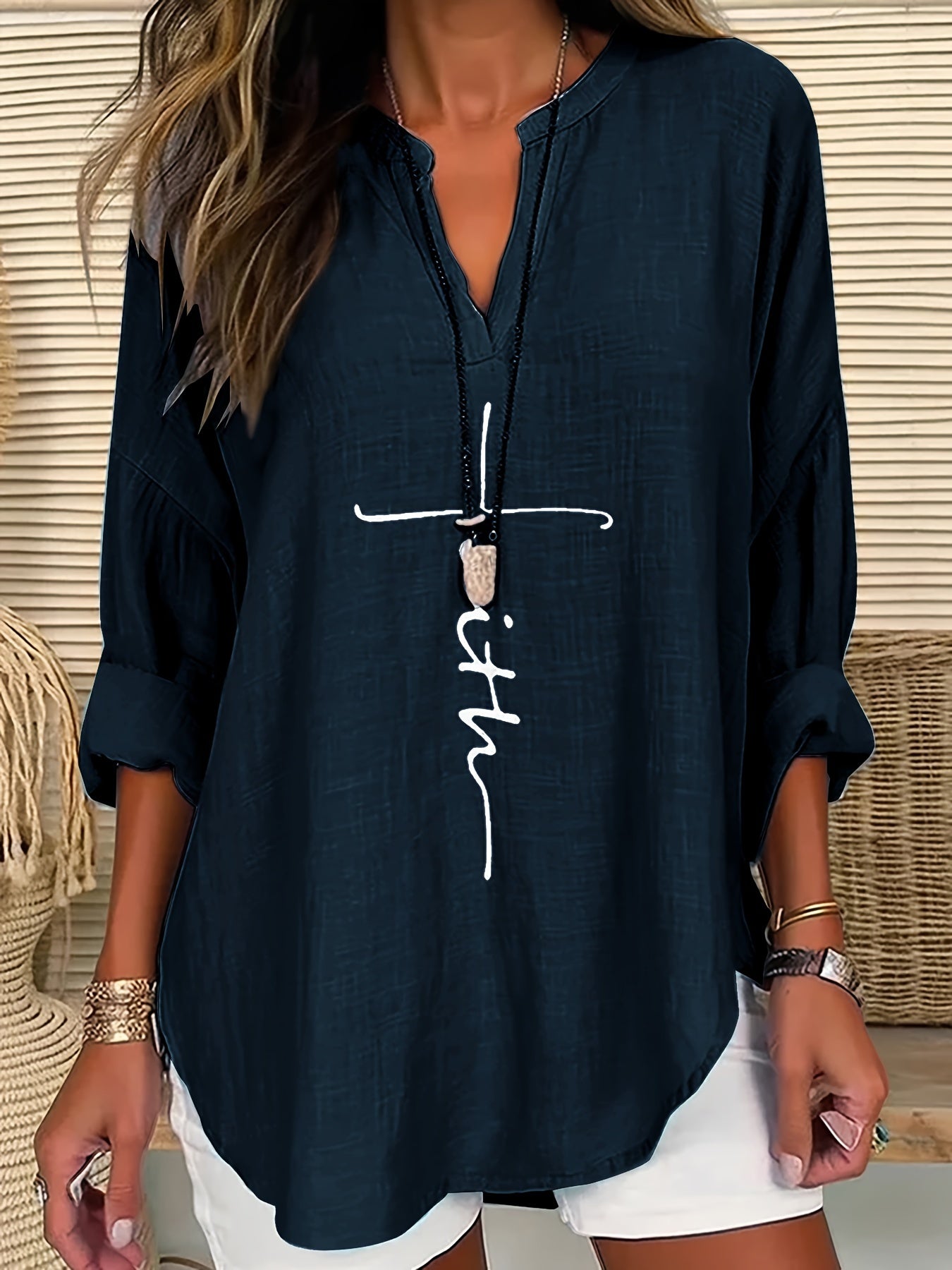 ZllKl Letter Print Notch Neck Blouse, Casual Long Sleeve Blouse For Spring & Fall, Women's Clothing