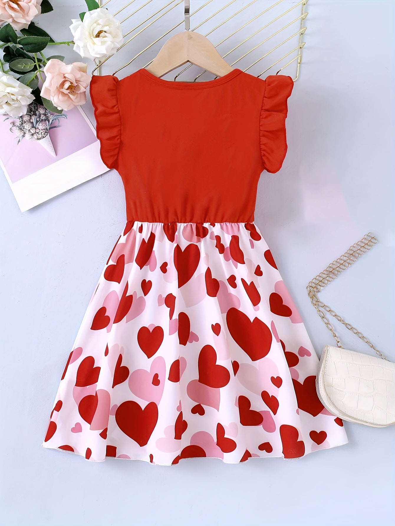 Toddler Girls Splicing Heart Graphic Flutter Trim Sleeveless Dress Spring Summer Valentine's Day Gift