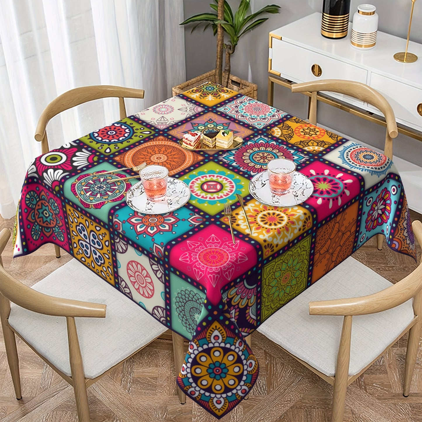 1pc Vibrant Mandala Rectangle Polyester Tablecloth - Kitchen & Dining Table Linens - Bohemian Inspired, Circular, Colorful, Festival Party Decoration, Home Decor, Waterproof, Easy Clean, Durable, Perfect for Indoor Outdoor Events