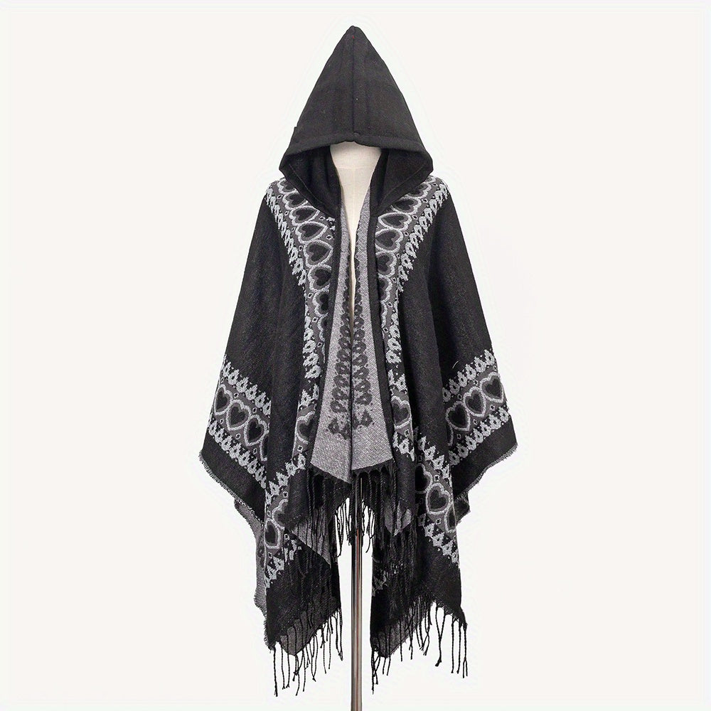 Cozy Oversized Hoodie Scarf Blanket - Stylish Boho Geometric Print with Tassels - Ultra-Soft Warm Cape for Outdoor Adventures, Windproof & Thick Cardigan Shawl