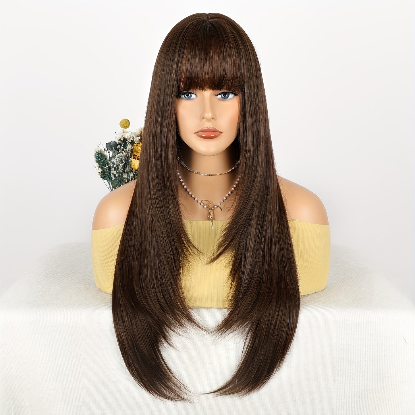 28 Inch Long Black Wig with Flattering Bangs - Silky Straight Synthetic Hair for Everyday Glam - Realistic, Easy-to-Style Wigs Designed for Women
