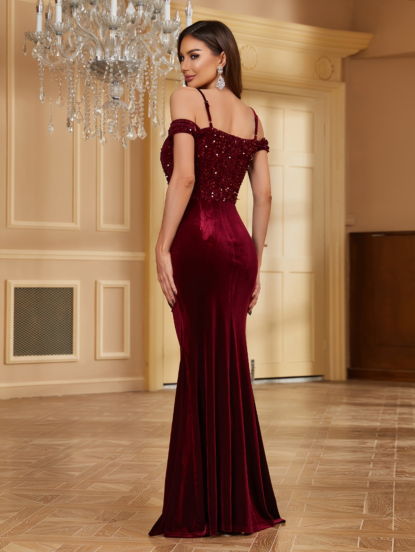 Cold Shoulder Split Thigh Dress, Elegant Sequin Dress For Party & Banquet, Women's Clothing Wedding/Evening dress/Occasion/Engagement/Ceremony