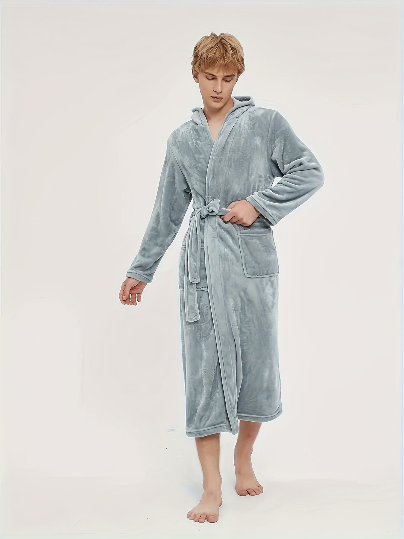 Men's Casual Nightgown, Soft And Comfortable Hooded Robes Full Length With Pockets, New , Plain Hooded Flannel