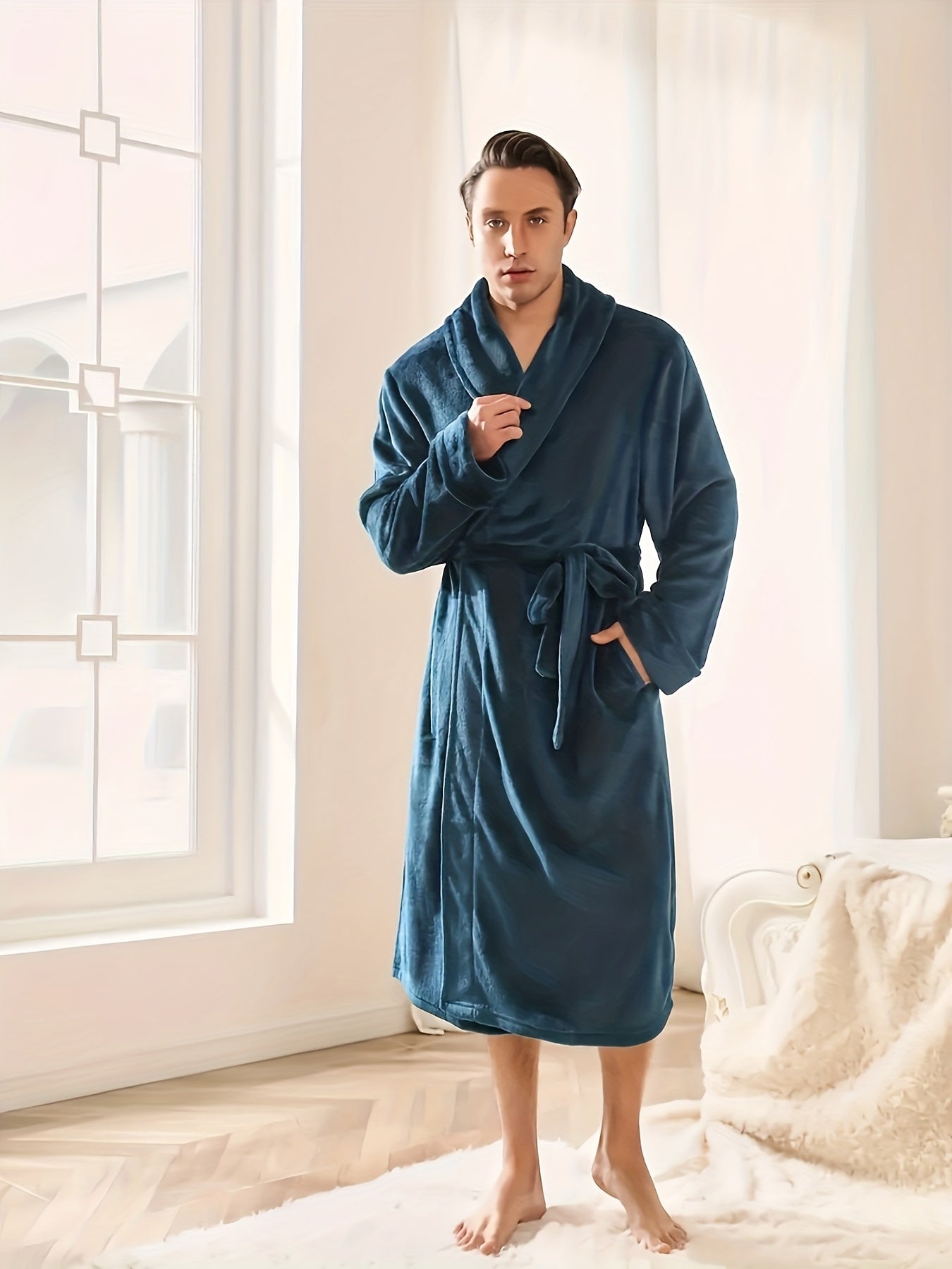 Men's Warm Soft Comfy Plain Color Robe For Home Pajamas Wear Night-robe Sets After A Bath