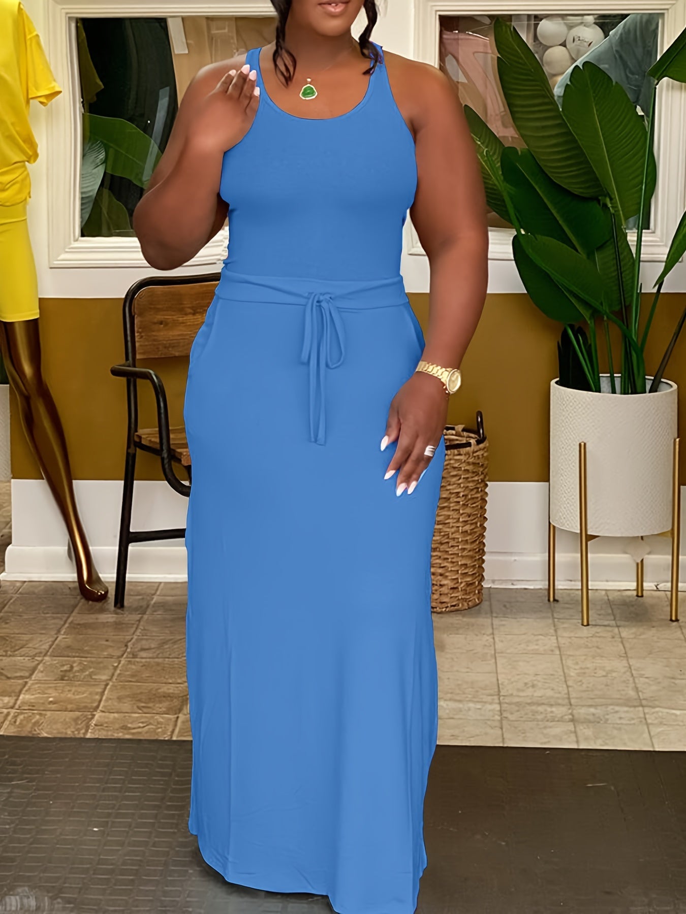 Plus Size Chic Solid Slim Belted Tank Maxi Dress - Comfortable Sleeveless Design for Spring & Summer - Women's Casual Wear for Curvy Figures