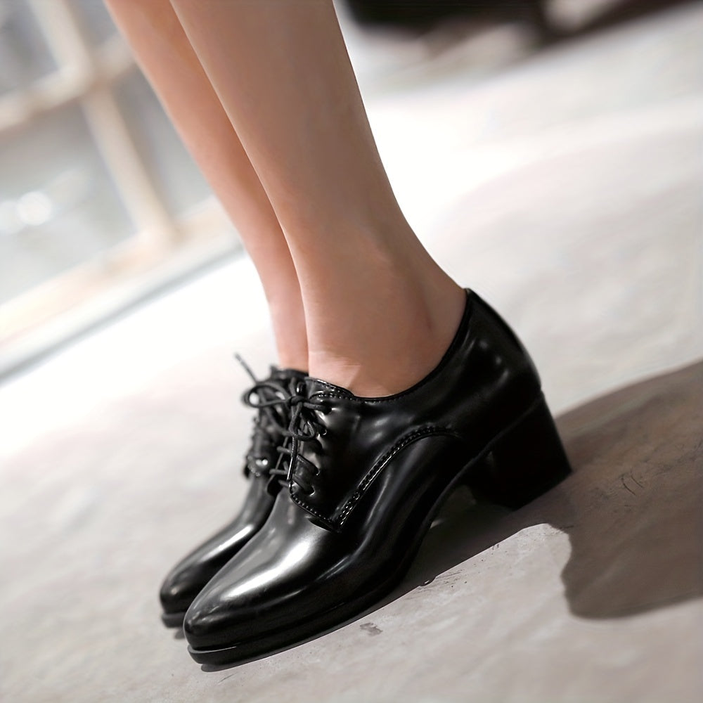 Stylish Womens Chunky Mid Heel Shoes - Pointed Toe, Lace Up, Faux Leather, Solid Color, Versatile Office Pumps for Fall Season
