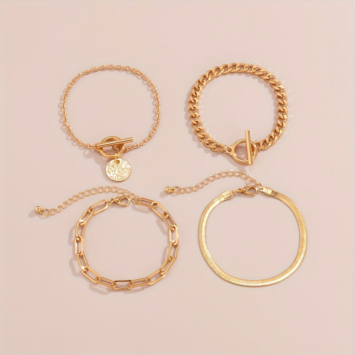 4pcs/set Golden Alloy Punk Chic Hollow Chain Bracelet - Fashionable Unique Accessory for Daily Wear, Party and Gift Idea - Stylish, Durable, Versatile, and Affordable Ladies' Jewelry