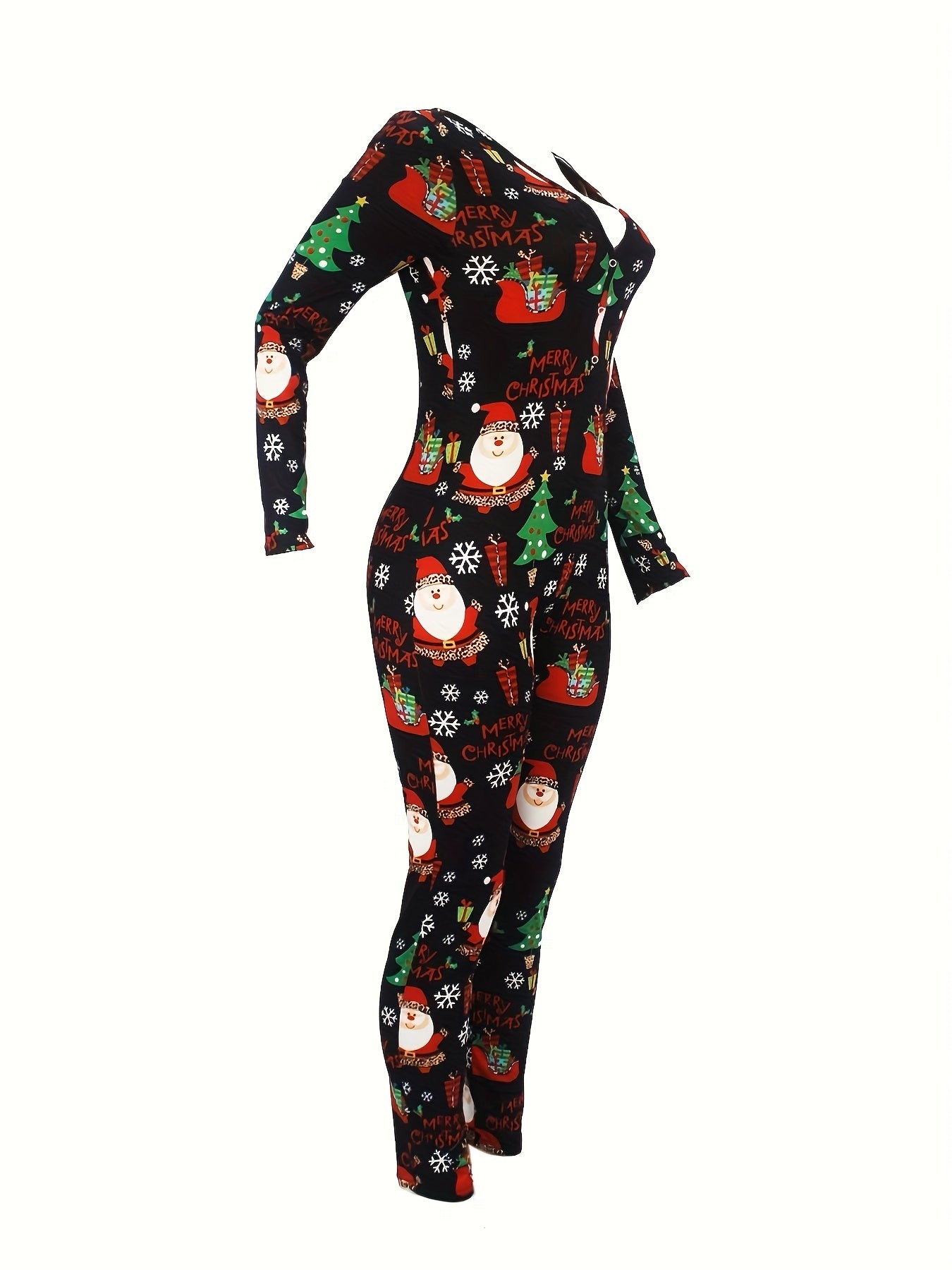 Cozy Festive Lounge Jumpsuit - Soft Long Sleeve, V Neck, Button Front, Relaxed Fit, Comfy Women's Loungewear & Sleepwear for Christmas