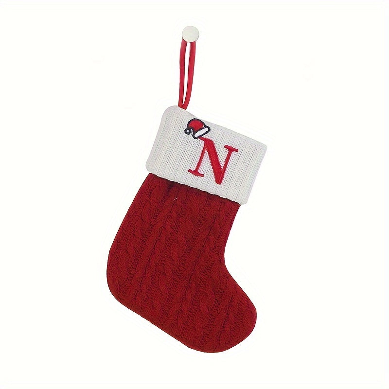 Classic Initial Mini Christmas Stockings, 1pc, Embroidered Alphabet Knit Red and White Themed Socks for Home, Christmas Tree, Mantel Decoration, No Feathers, Polyester - Festive Holiday Decor