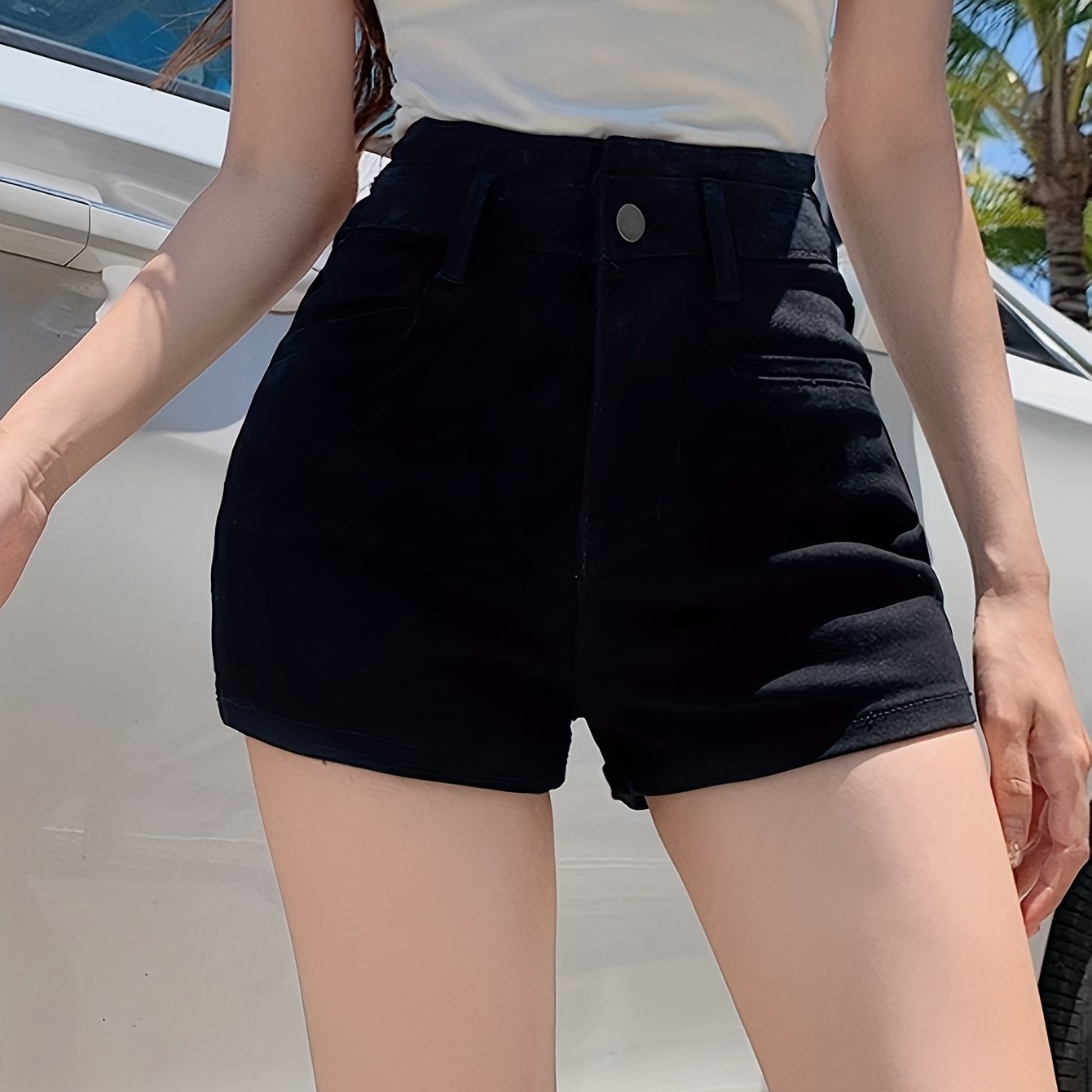 ZllKl Solid Color Casual Denim Shorts, High Rise Zipper Button Closure Denim Shorts, Women's Denim Jeans & Clothing