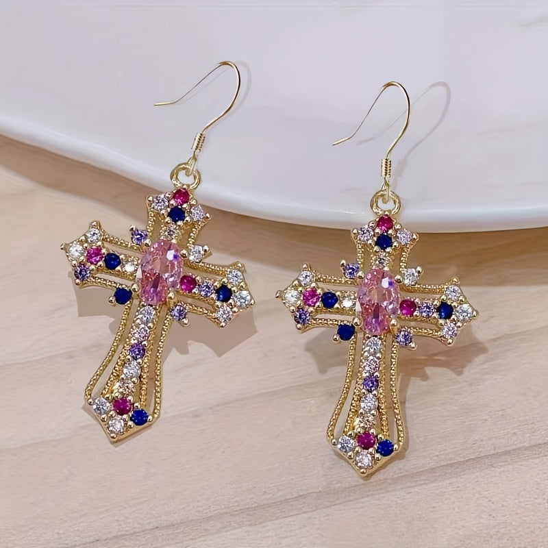 1pc Cute Sparkling Rhinestone Decor Cross Hollow Pendant Necklace, Religious Jewelry For Blessing, Ideal choice for Easter Gift