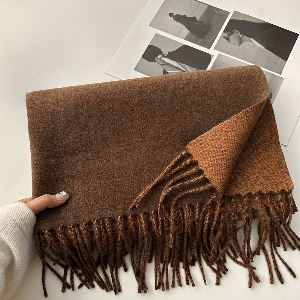 Double Sided Luxurious Color Block Scarf - Soft Cashmere Blend, Apricot and Coffee Color, Tassel Shawl, Windproof, Autumn Winter Warm, Versatile Unisex Accessory for Women and Men