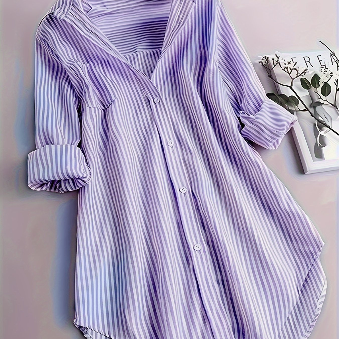 ZllKl Stripe Print Button Front Blouse, Casual Long Sleeve Blouse For Spring & Fall, Women's Clothing