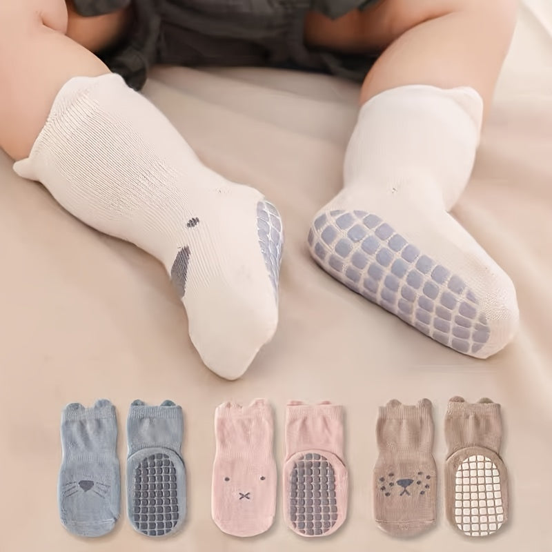 3 Pairs Of Baby Boy's Cute Animals Pattern Crew Socks With Good Grip, Comfy Breathable Thermal Socks, Winter & Autumn