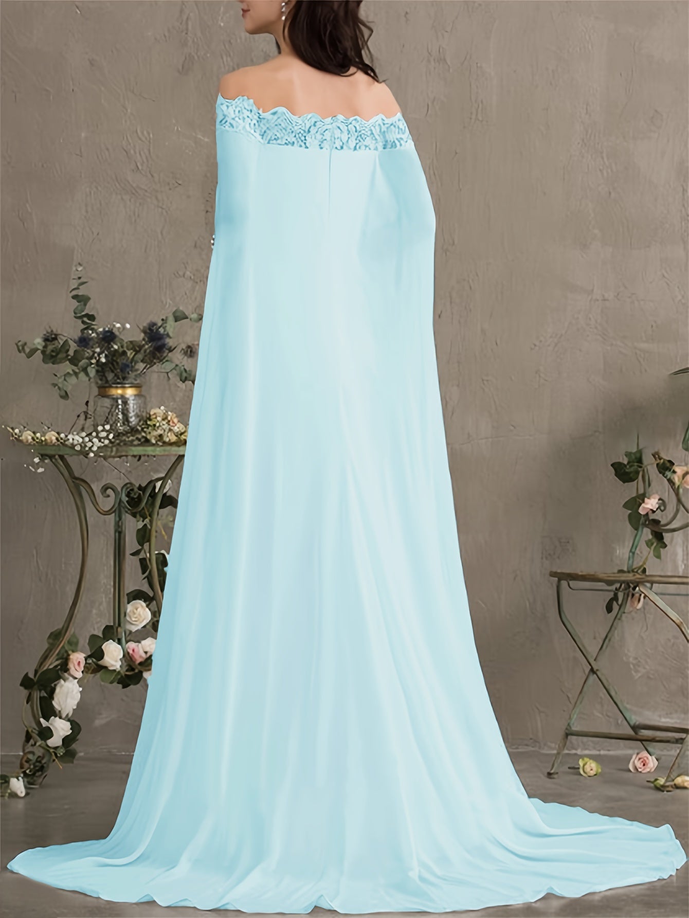 Long Length Off the Shoulder Bodycon Wedding Dress - Elegant Solid Contrast Lace Cape Design, Micro Elasticity Mesh Fabric, Pleated Hem, Chest Pad, Spring/Summer/Fall Season - Womens Elegant Occasion Dress for Wedding/Evening/Engagement/Ceremony