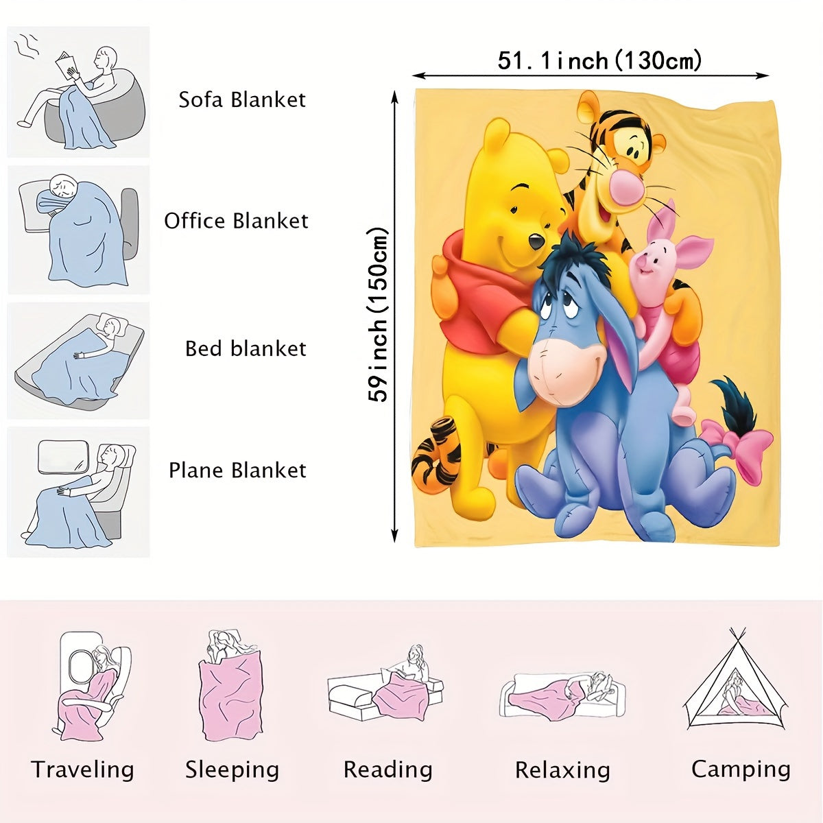 UME Cozy Flannel Throw Blanket - Winnie the Pooh, Tigger & Piggy Cartoon Design | Versatile All-Season Use for Couch, Bed, Office | Dry Clean Only
