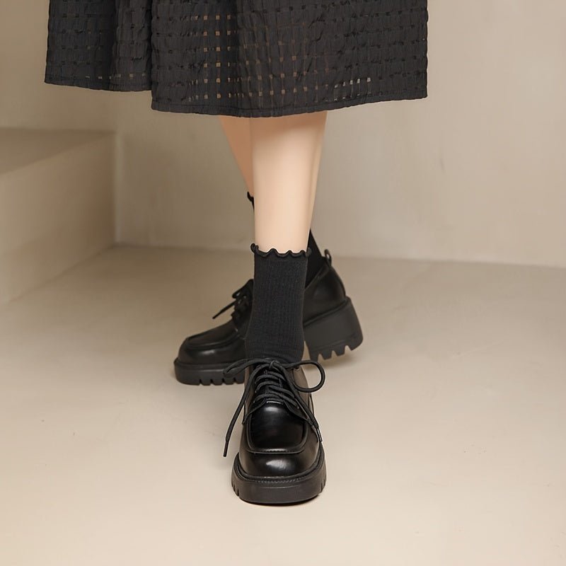 Stylish Womens Square Toe Platform Oxfords - Non Slip Rubber Soles, All-Match Black Lace Up Shoes with Man Made Materials and Comfortable Insoles for Spring Season