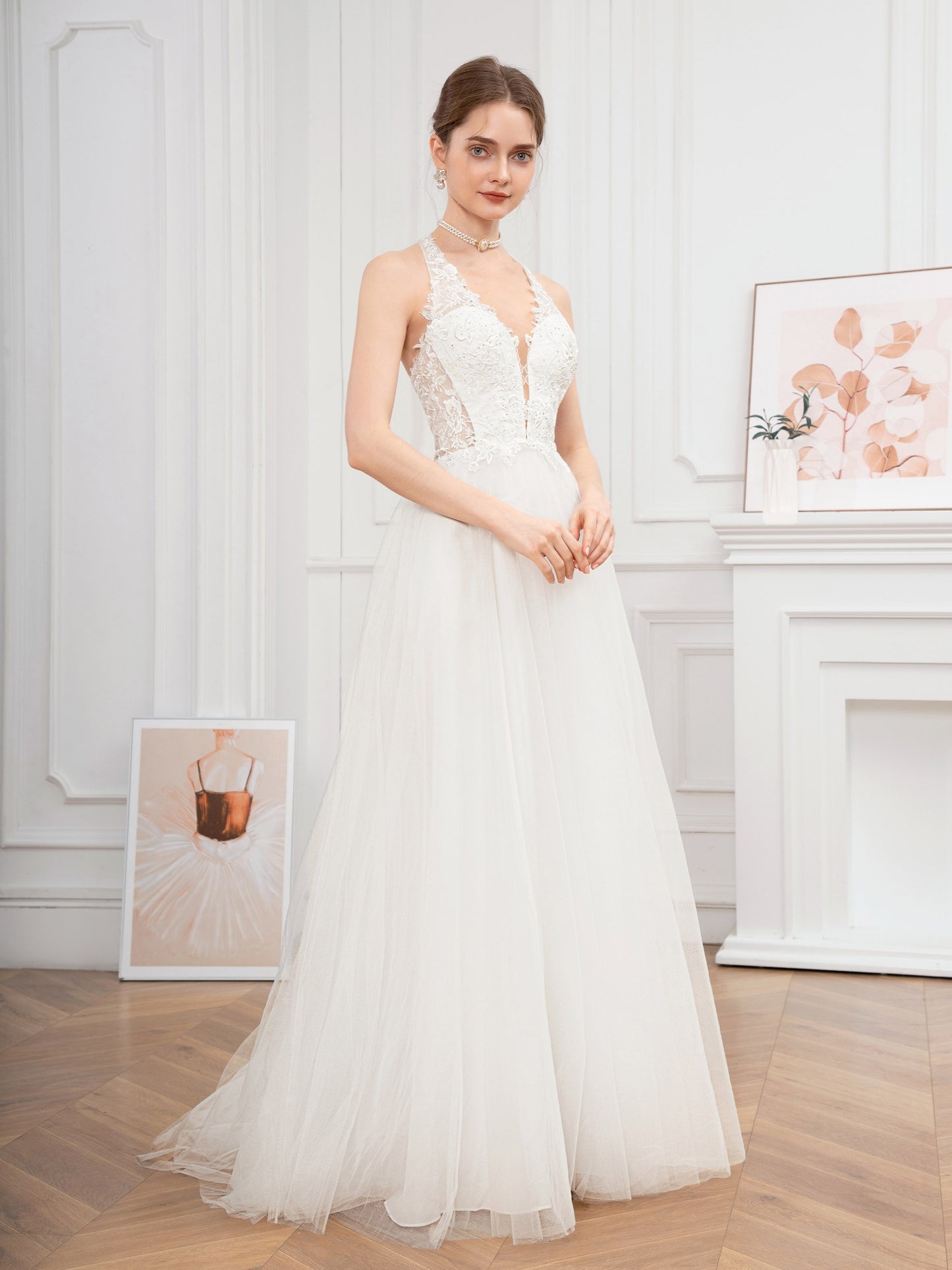 Long Embroidered Guipure Lace Halter Neck Formal Dress - Elegant Backless Ball Gown with Cross Strape Detail, Semi-Sheer Mesh Fabric, Flared Hem, and Chest Pad - Perfect for Wedding Party, Hand Wash Only