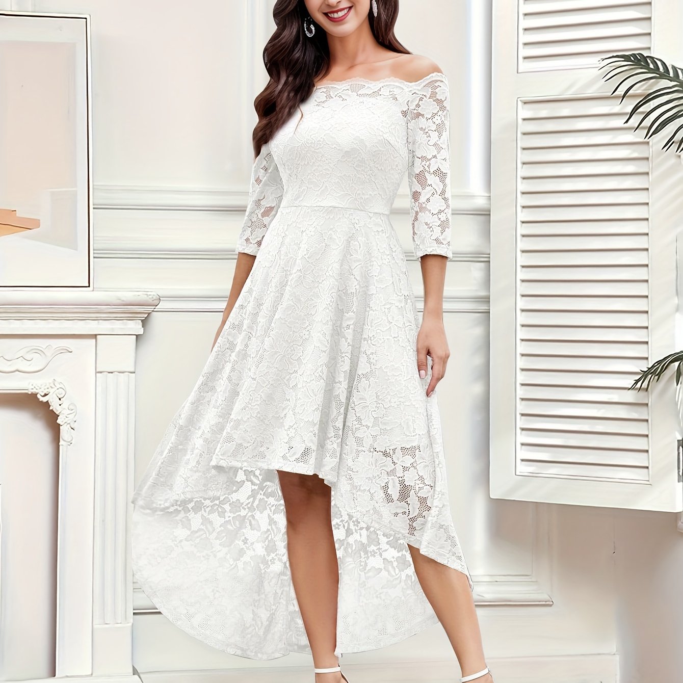 Elegant Off the Shoulder Lace Stitching Pendulum Dress - Micro Elastic Polyester, Half Sleeve, High-Low Hem, Solid Color, Hand Washable - Perfect for Wedding, Party, Banquet, and Engagement Occasions