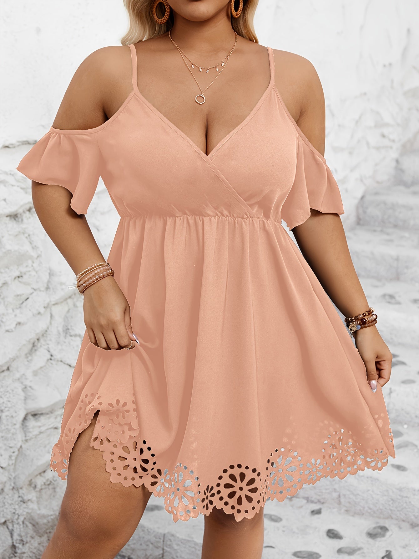 Plus Size Cutout Dress - Dramatic Cutout Trim, Cold Shoulder, Short Sleeve, Elegant Style - Perfect for Spring and Summer, Plus Size Womens Clothing
