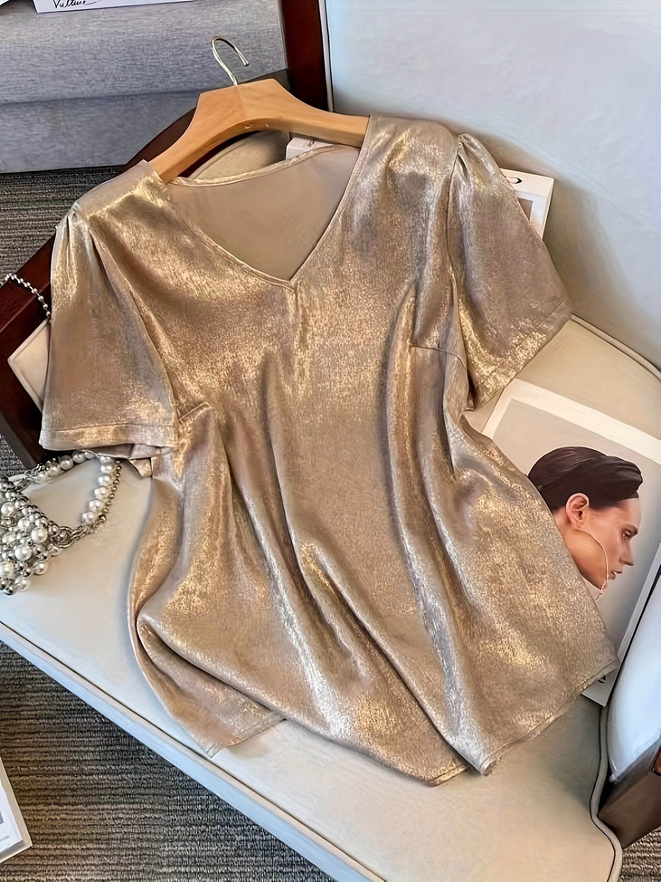 Plus Size V Neck Shiny Metallic Blouse - Comfortable Short Sleeve Casual Top for Spring and Summer - Polyester Non-Stretch Woven Fabric, Solid Color, Middle East Style, Shirting Type, Suitable for All Seasons