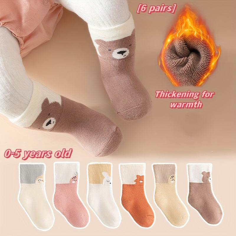 6 Pairs Of Baby's Toddler's Thickened Crew Socks, Cute Cartoon Pattern, Soft Comfy Warm Thermal Socks For Autumn And Winter