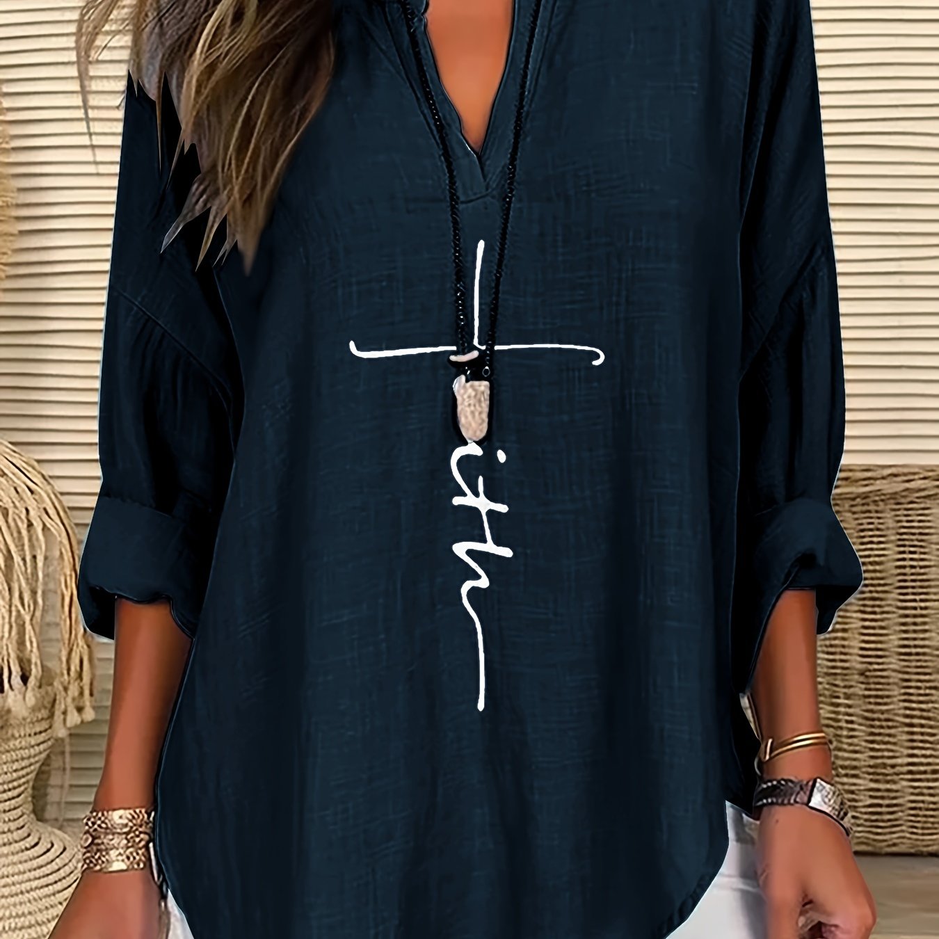 ZllKl Letter Print Notch Neck Blouse, Casual Long Sleeve Blouse For Spring & Fall, Women's Clothing
