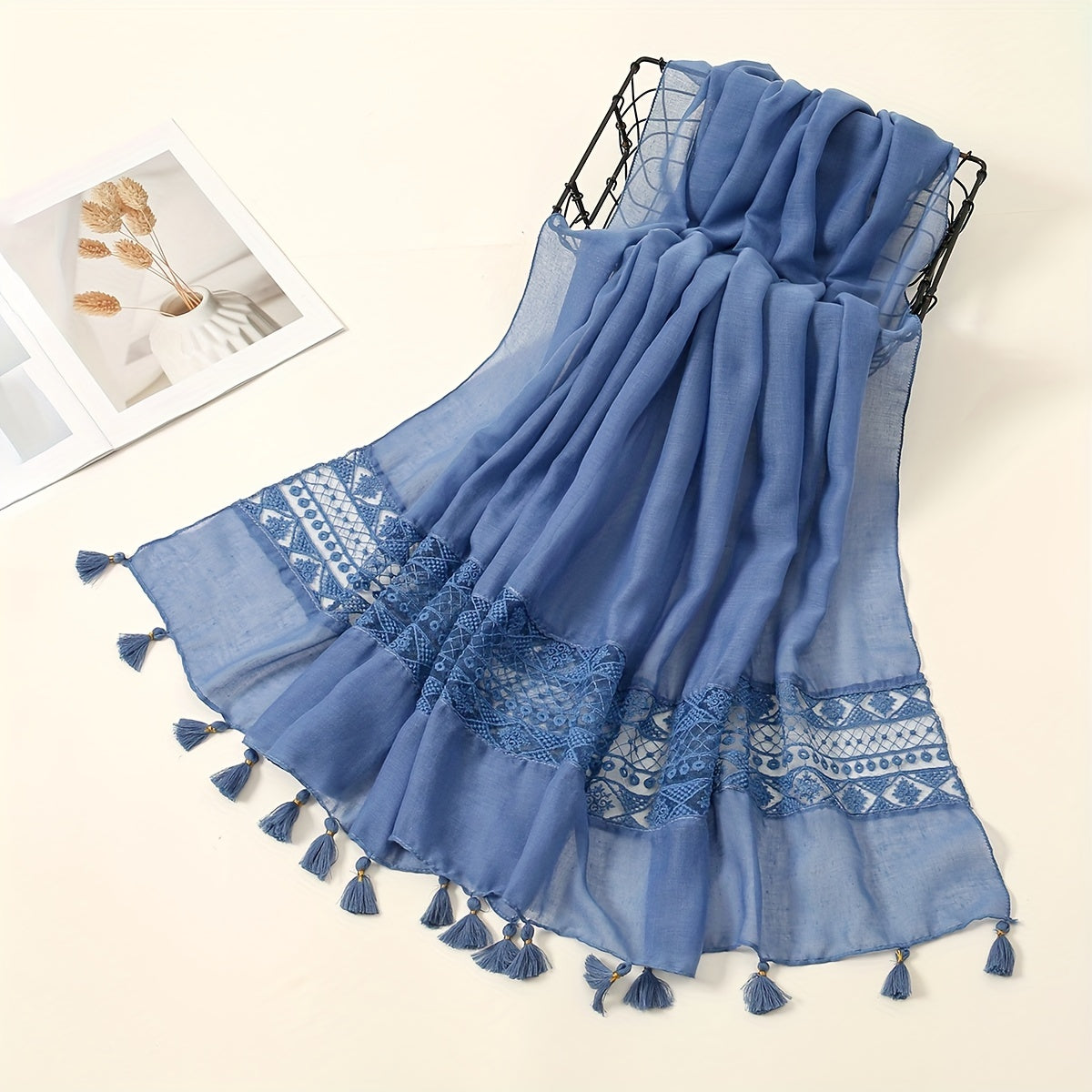 Delicate Embroidered Lace Tassel Scarf - Fashionable & Elegant for Casual Wear - Versatile Cold Weather Accessory, Perfect for Eid Celebrations