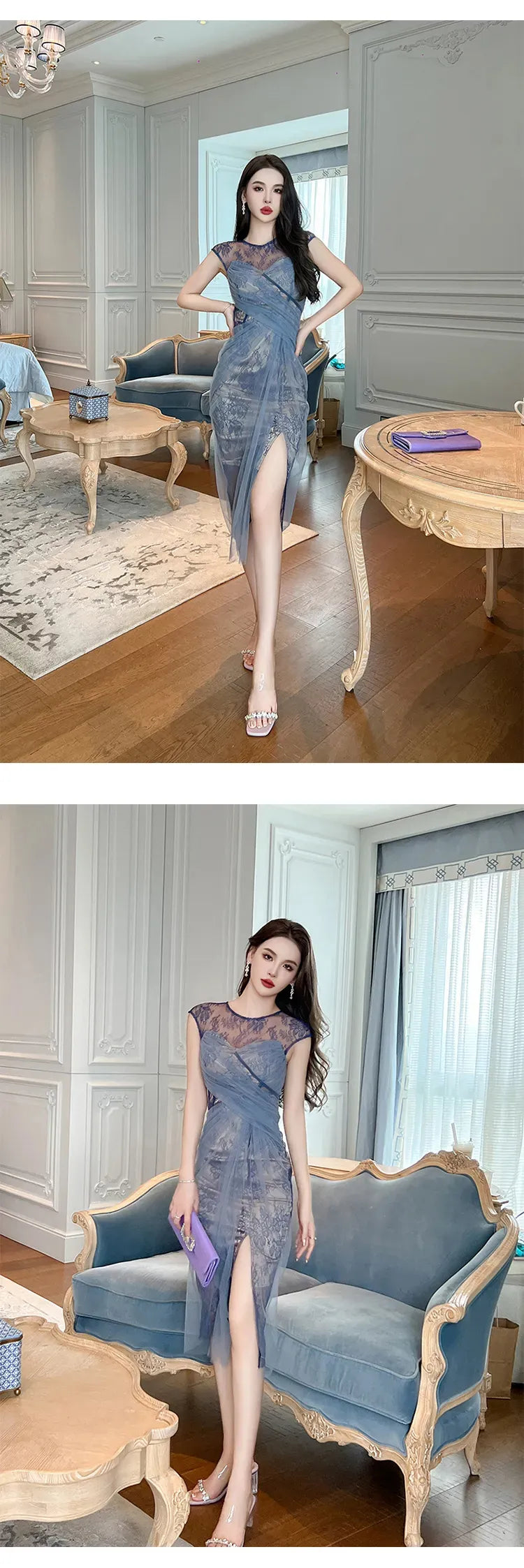 Basic Casual Dresses Women Fashion French Retro Maxi Dress Woman Sheer Mesh Lace Embroidery Skinny Robe Party Vestidos Prom Banquet Gown Femme