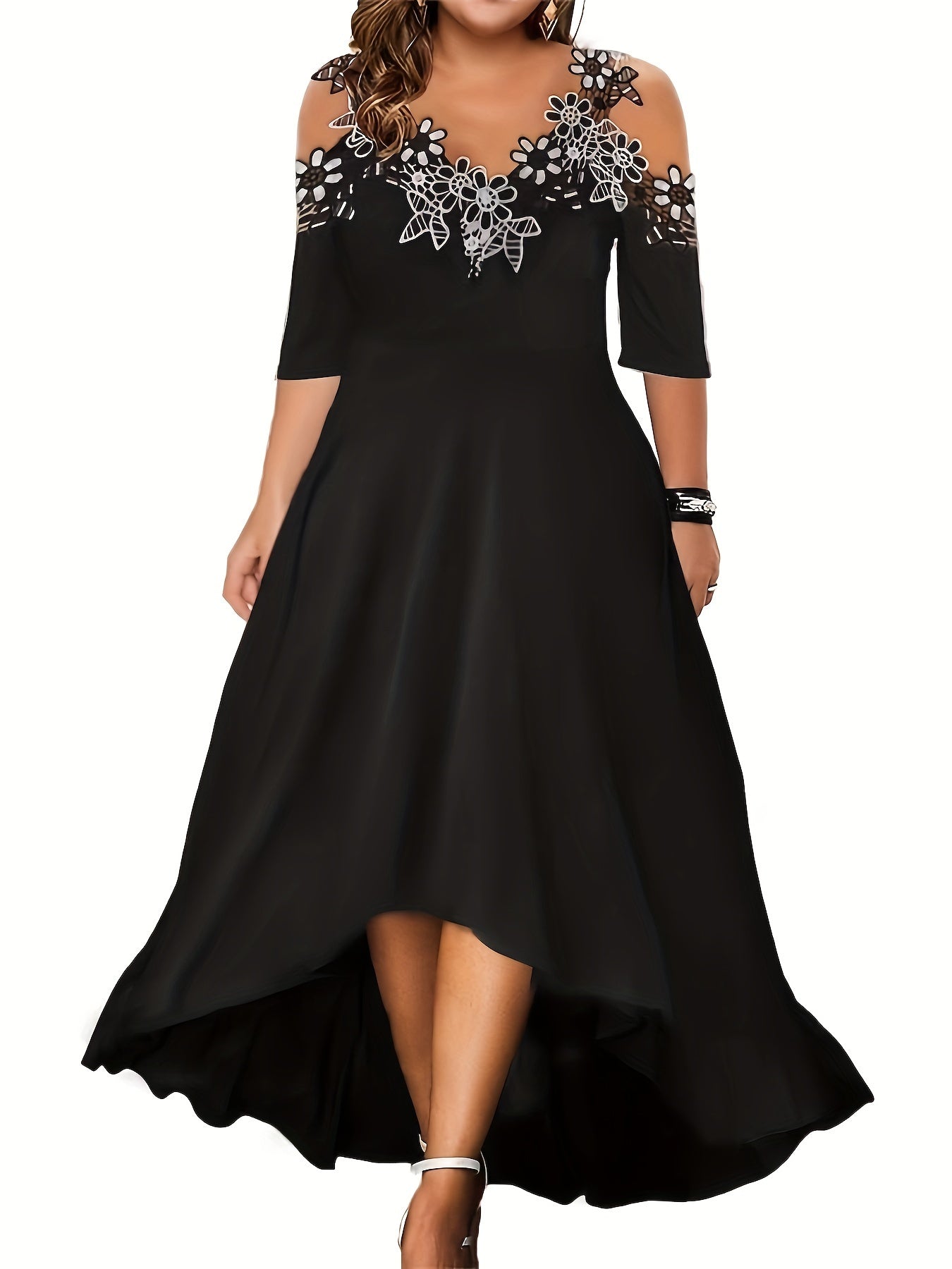Plus Size Floral Chic V Neck Cold Shoulder Lace Stitching Dress - Elegant Short Sleeve Women's Clothing for Special Occasions - Perfect for Summer, Party, Wedding, and Date Night